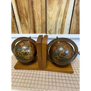 Vintage MCM Wooden Old World Rotating Globe Bookends Made in Italy